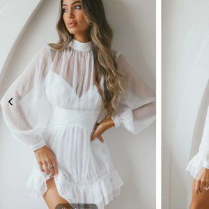 Selfie Leslie HIGH NECK LONG SLEEVE WAISTBAND DRESS in WHITE - Mandalay